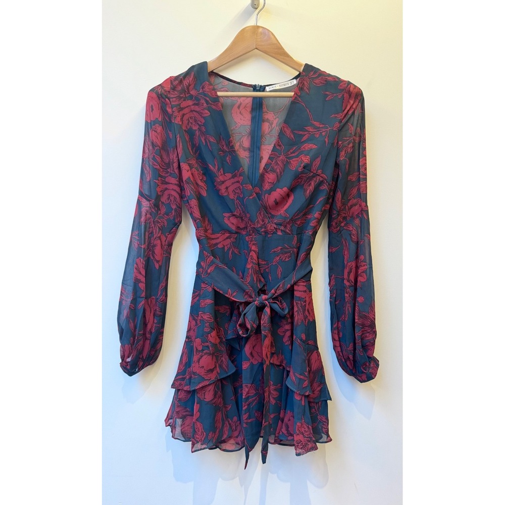 Saints + Secrets Floral Mini Ruffle Dress Faux Wrap Blue and Red Floral Size S